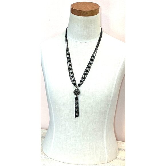 Black Multi-Strand Beaded Tassel Necklace With Rosette Pendant - Picture 6 of 6